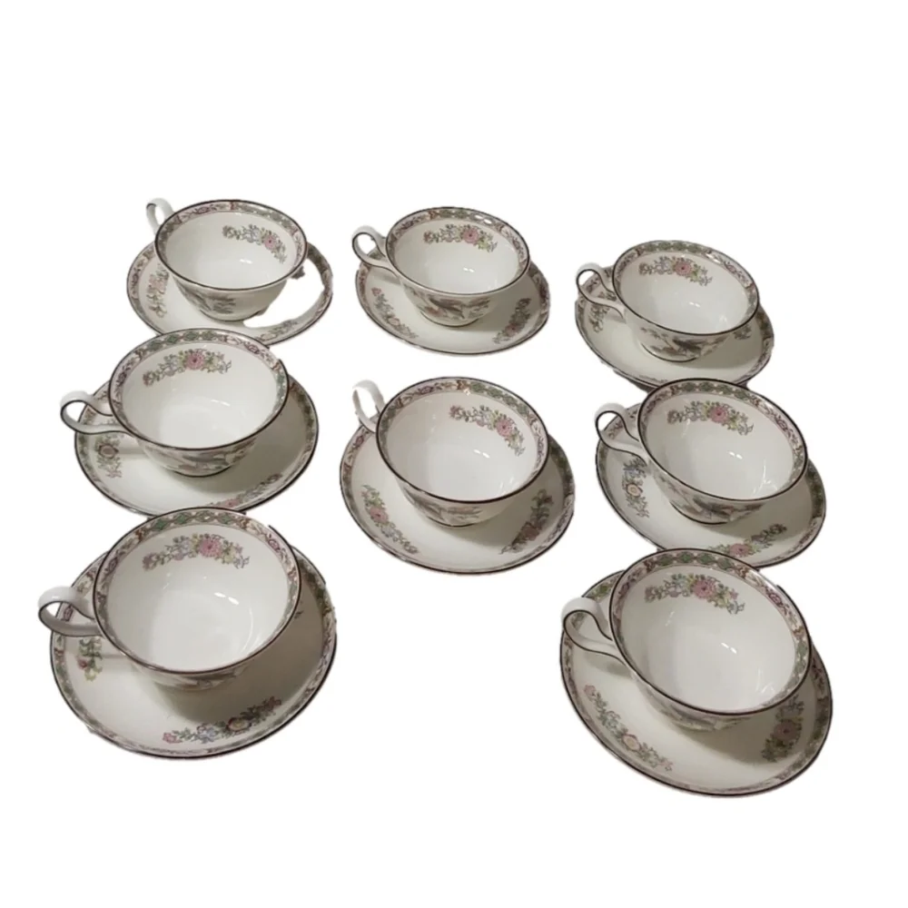 8 WEDGWOOD KUTANI CRANE R4464 PEONY SHAPED FOOTED TEA CUP &‎ SAUCER SET
